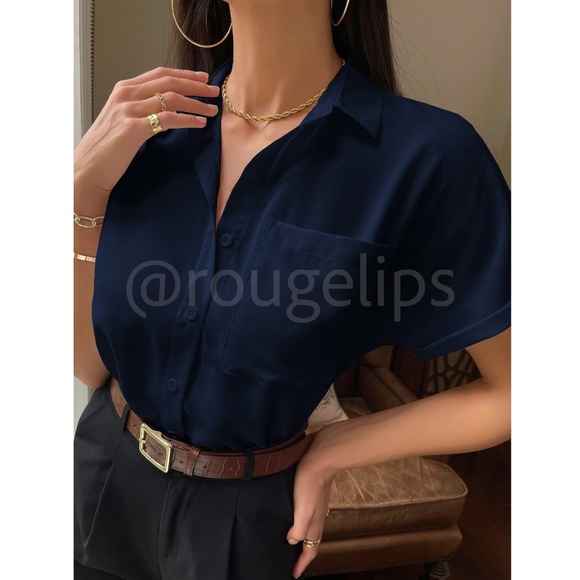 Navy Blue Casual Button Up / Down Shirt Collar, V-Neck Button Front - Picture 3 of 13